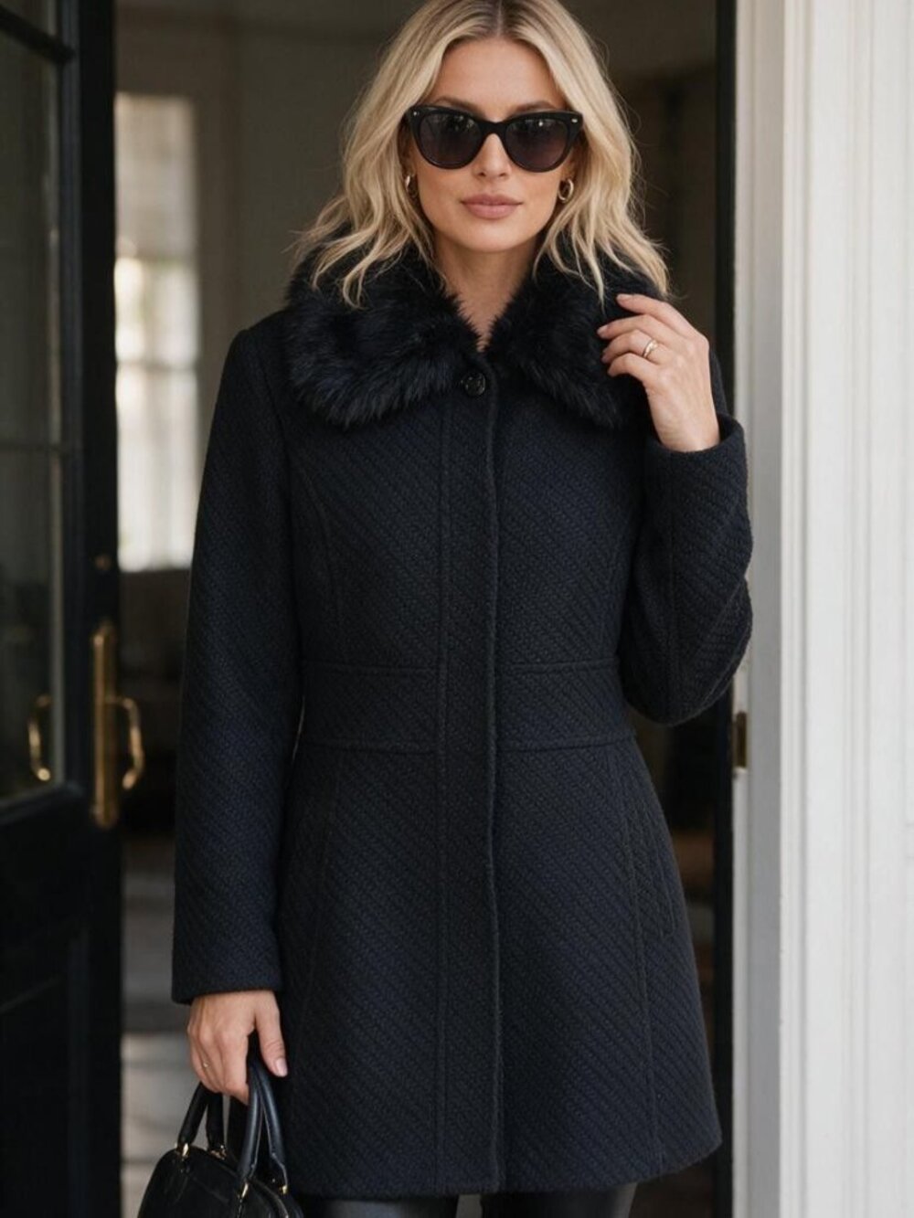 Jessica Simpson Black Faux Fur Collar Textured Womens Coat L